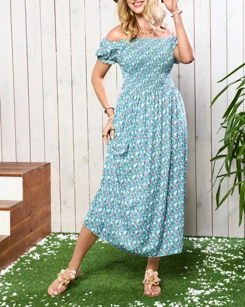 Rochie midi verde pentru femei cu model floral - Îmbrăcăminte