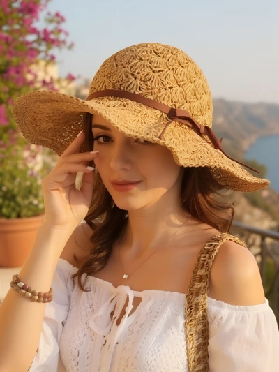 Royalfashion Pălărie de paie pentru femei cu fundă Belle
