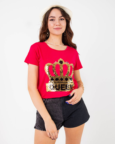 Tricou de damă fucsia cu coroană și paiete - Îmbrăcăminte