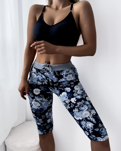Pantaloni scurți 3/4 de damă albaștri cu model floral - Îmbrăcăminte