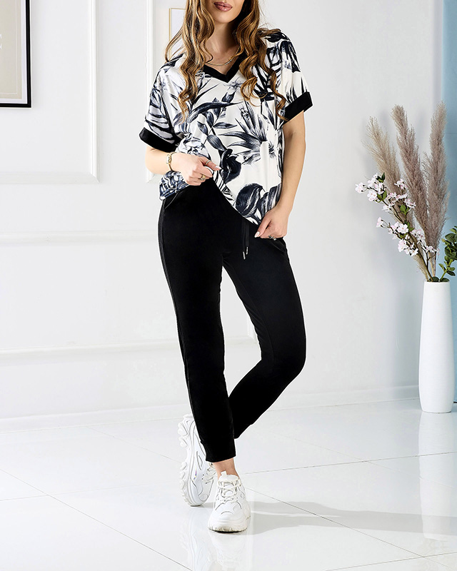 Set de bluză de catifea pentru femei cu motiv floral, negru- Îmbrăcăminte