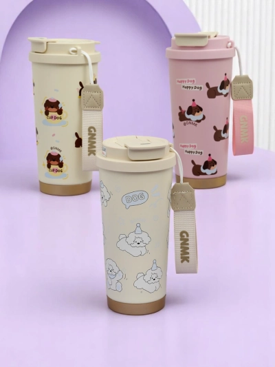 Royalfashion Cană termică cu un coș, pai și gură Happy Dog