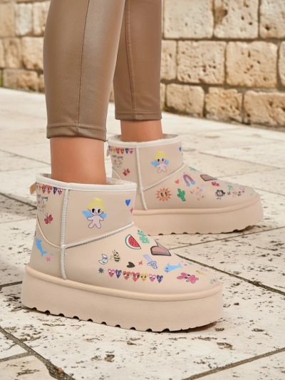 Callisto Angelico Insulated Shoes with Children's Drawings on Beige Platform
