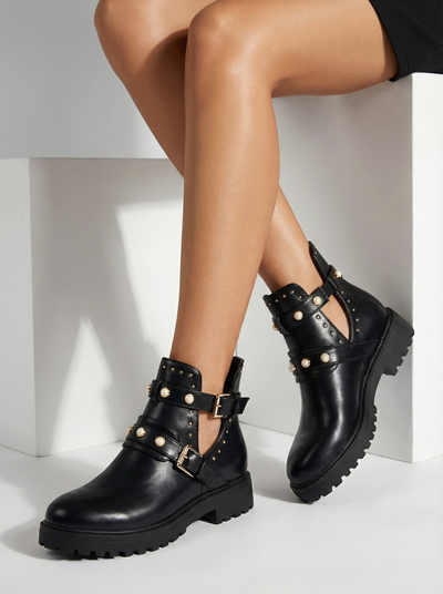 Royalfashion Cizme cu toc plat împodobite negre pentru femei Pearl Elegance