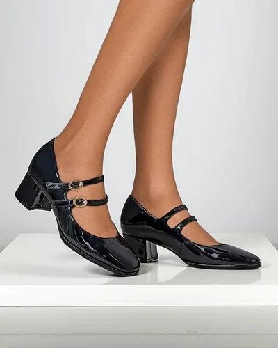 Pantofi pump lăcuiți pentru femei pe toc bloc cu curele Weyy