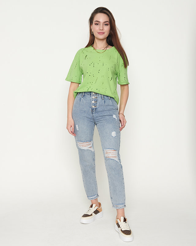 Tricou de damă din bumbac verde cu găuri decorative - Îmbrăcăminte