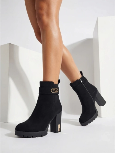 Botine de damă din piele ecologică întoarsă cu toc gros Tovia