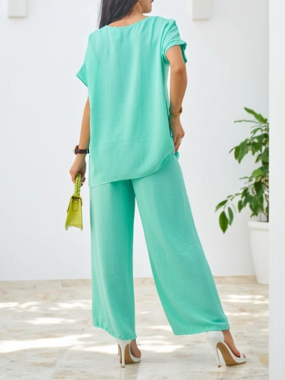 Set Royalfashion pentru femei cu mâneci scurte, floare decorativă și pantaloni largi