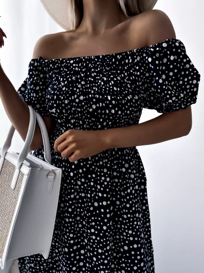 Rochie maxi de damă albastru marin cu mazăre- Îmbrăcăminte