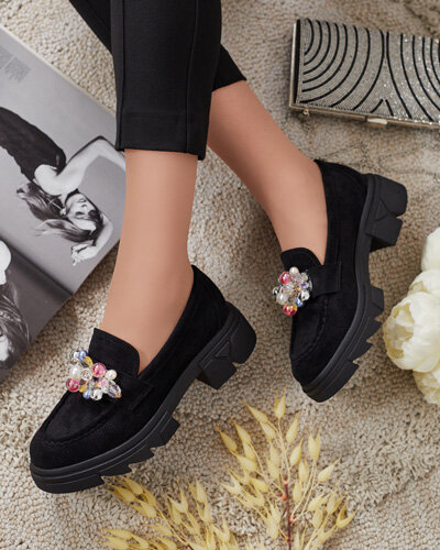Royalfashion Mocasini negri de damă cu cristale colorate Glam