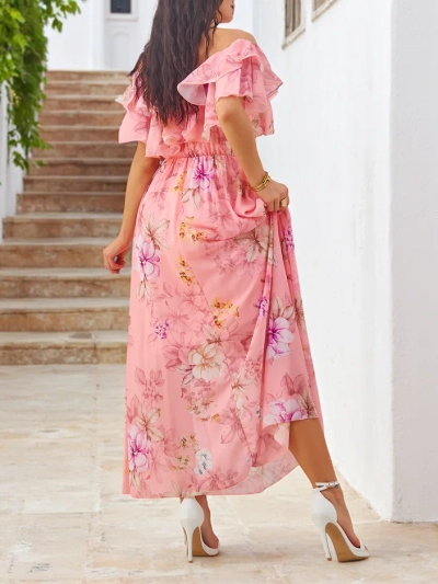 Rochie off-the-shoulder pentru femei cu mâneci scurte în flori asortate