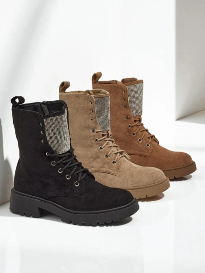 Botine de damă Ferlyne din piele ecologică de căprioară cu șireturi