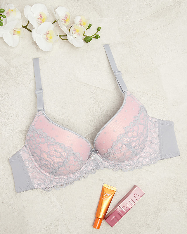 Sutien pentru femei gri-roz, decorat cu dantelă - Lenjerie intimă