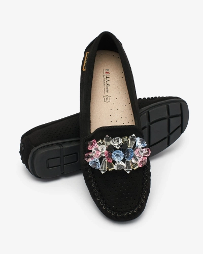 Royalfashion Mocasini negri de damă, traforați, cu cristale decorative Cizzas