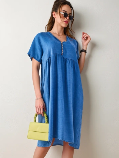 Royalfashion Tunică simplă pentru femei a'la rochie cu nasturi decorative, tip denim