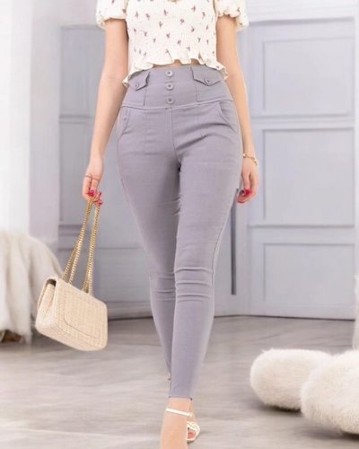 Treggings de damă gri cu nasturi - Îmbrăcăminte