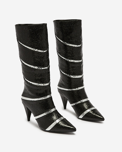 Cizme negre și argintii cu toc stiletto de damă cu dungi în relief Felifea- Footwear