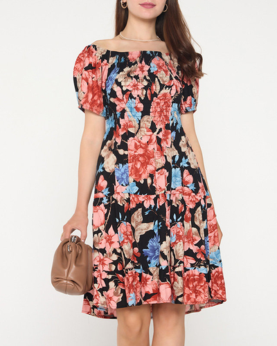 Rochie mini de dama neagra cu flori cu spatele deschis - Imbracaminte