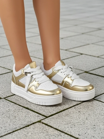 Sneakers Dama 'Aurelia' Auriu-Alb cu Platformă de 4cm - Stil și Confort
