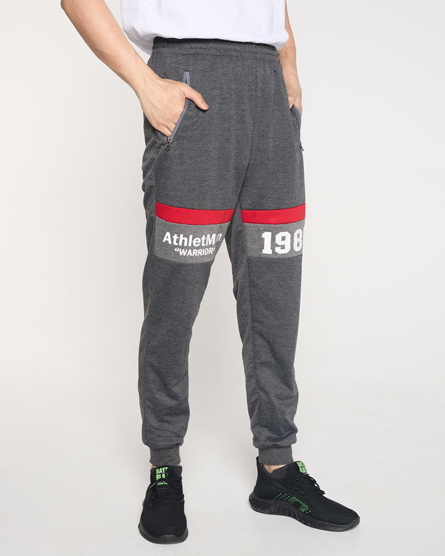 Pantaloni de trening pentru bărbați gri închis cu inscripții - Îmbrăcăminte