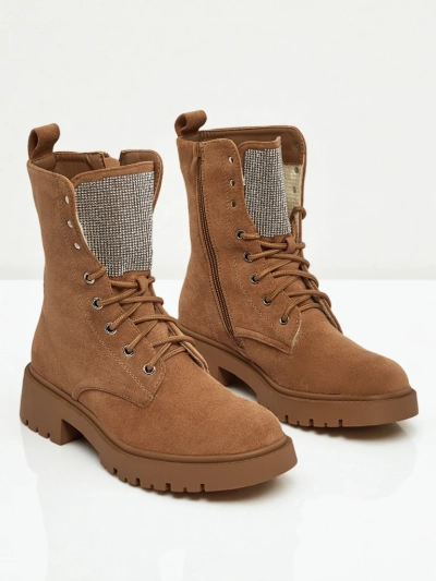 Botine de damă Ferlyne din piele ecologică de căprioară cu șireturi