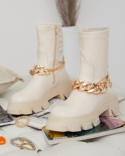 Cizme din piele ecologică crem pentru femei cu lanț Adiza - Încălțăminte