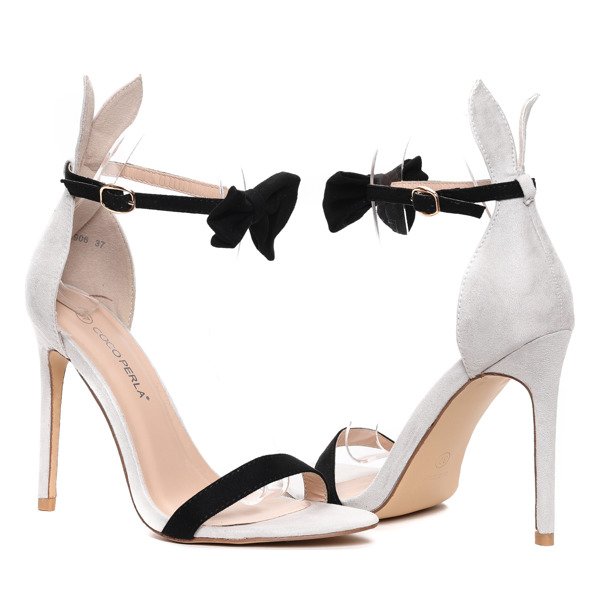 Szaro-czarne sandały z kokardką i uszami- Obuwie