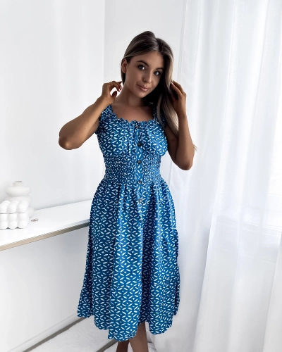 Rochie de damă până la genunchi cu imprimeu, de culoare albastră- Îmbrăcăminte