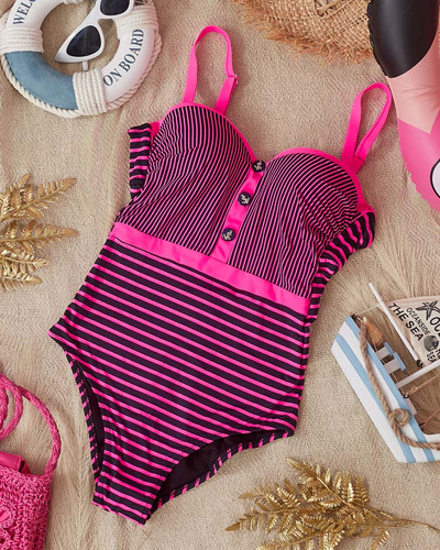 Costum de baie negru dintr-o bucată pentru damă, dungi roz - Lenjerie intimă