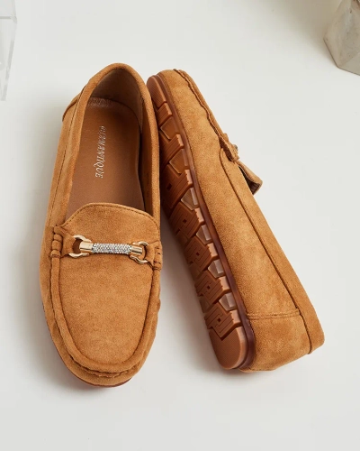 Mocasini Dama Camel Aurelia din Piele Întoarsă cu Ornament - Confort și Stil pe Toc Plat