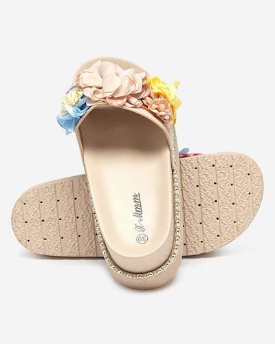 OUTLET Șlapi de damă cu flori din țesătură, bej Kaffga- Footwear