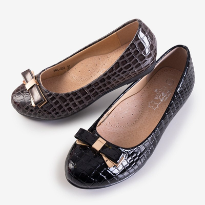 Balerini pentru fete de culoare gri închis, cu relief de animale și arc Ronian - Pantofi