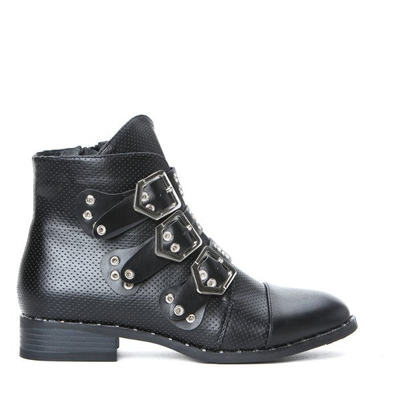 Czarne, ażurowe botki z trzema klamrami Adele- Obuwie