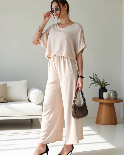 Royalfashion Set casual pentru femei, cu bluză cu mâneci scurte și pantaloni largi