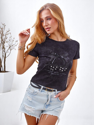 Royalfashion Tricou de damă din bumbac cu strasuri și fundă