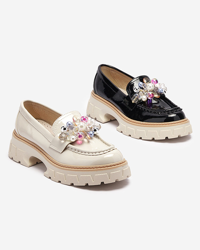 Mocasini de damă lăcuiți negri cu ornament Leliab- Footwear