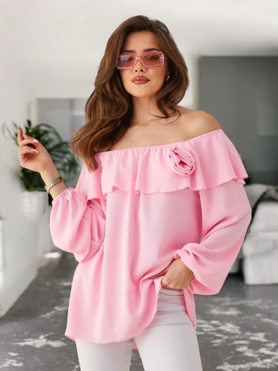 Royalfashion Bluza femei cu umerii goi, cu volane și flori