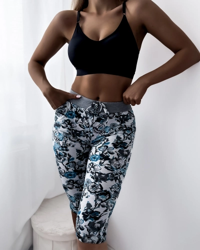 Pantaloni scurți de damă 3/4 cu model alb turcoaz PLUS SIZE - Îmbrăcăminte
