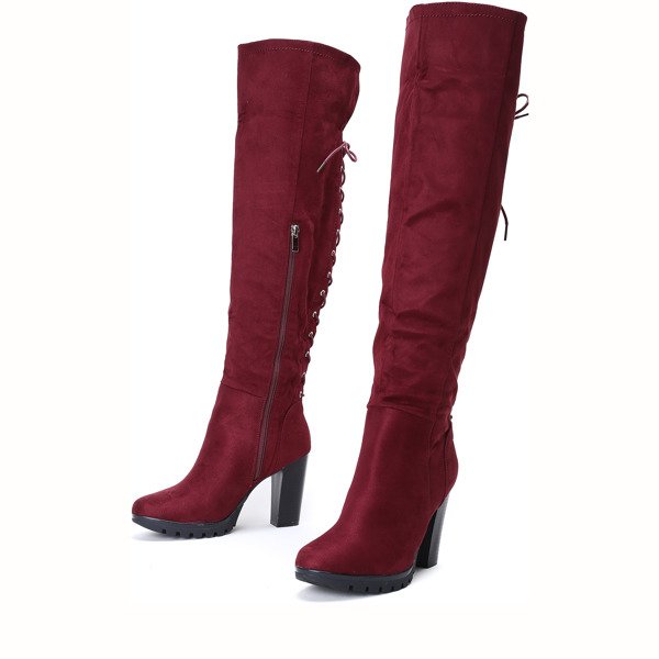 Bordowe kozaki na słupku Silvie - Obuwie