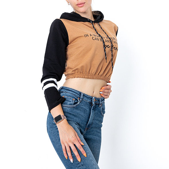 Hanorac pentru femei de culoare maro, cu glugă și inscripții - Îmbrăcăminte