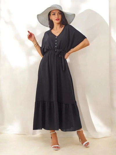 Royalfashion Rochie midi pentru femei cu mâneci scurte și butoane decorative