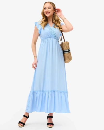 Rochie lungă albastră de damă cu dantelă - Îmbrăcăminte