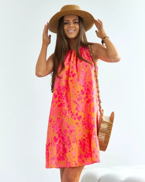 Royalfashion Rochie scurtă cu flori pentru femei de culoare portocaliu-roz