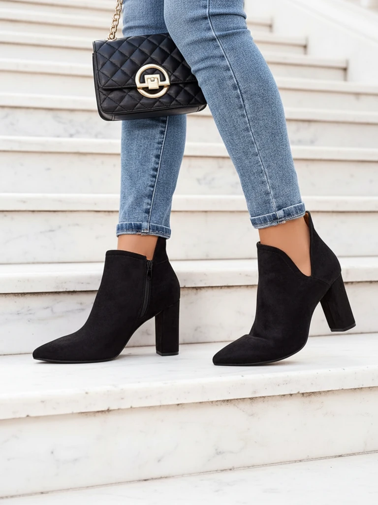 Czarne damskie botki na słupku z wycięciem Alania - Obuwie