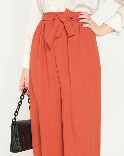 Pantaloni palazzo largi portocalii de damă cu bandă cravată în talie - Îmbrăcăminte