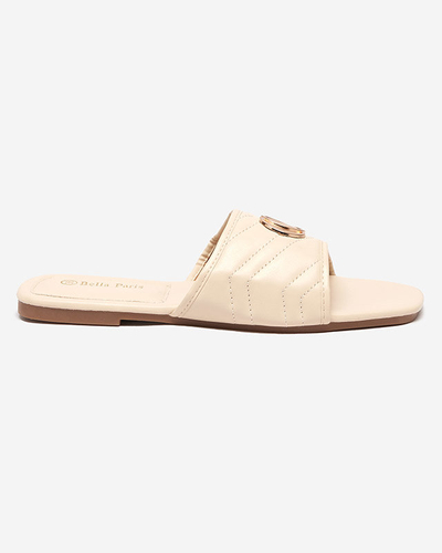 Papuci de dama din piele ecologica bej cu decor Daliso auriu - Incaltaminte