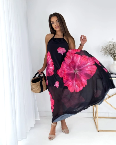 Rochie midi de damă neagră cu flori fucsia- Îmbrăcăminte