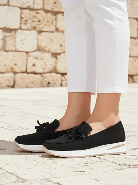 Mocasini de damă Aelia negri din piele ecologică intoarsă cu platformă de 4 cm