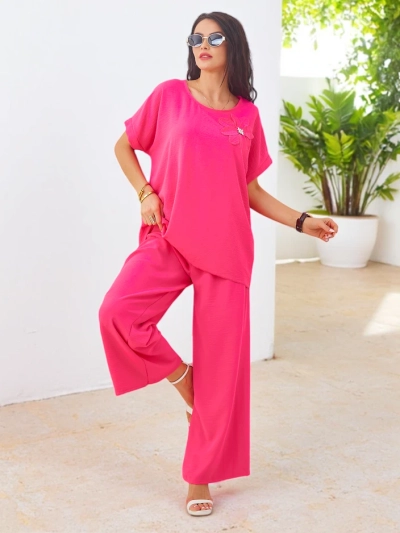 Royalfashion Set femei cu mâneci scurte, floare decorativă și pantaloni largi