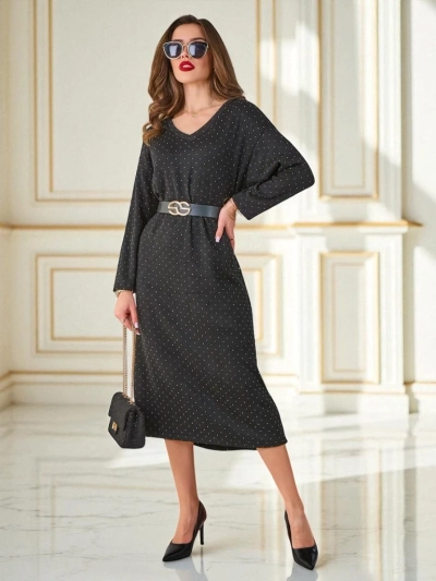 Rochie midi Penelope nero cu mânecă lungă și buline mici, elegantă